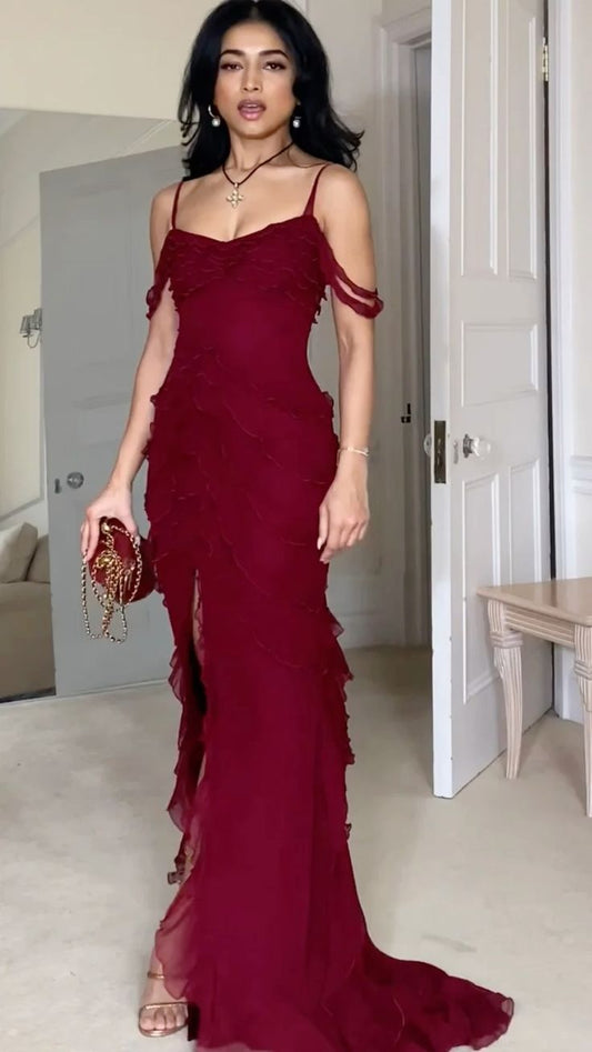Vestido de fiesta largo de gasa con hombros descubiertos y tirantes finos de sirena, sexy, vestido de noche GG1064