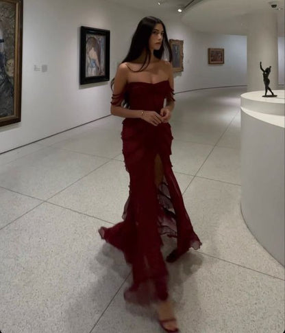Vestido de fiesta largo de gasa con hombros descubiertos y tirantes finos de sirena, sexy, vestido de noche GG1064
