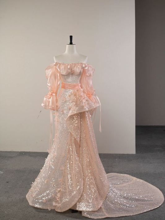 Nuevos y exquisitos vestidos de fiesta con corte A, hombros descubiertos, lentejuelas rosa champán, mangas largas y corte barrido, vestidos de noche GG107