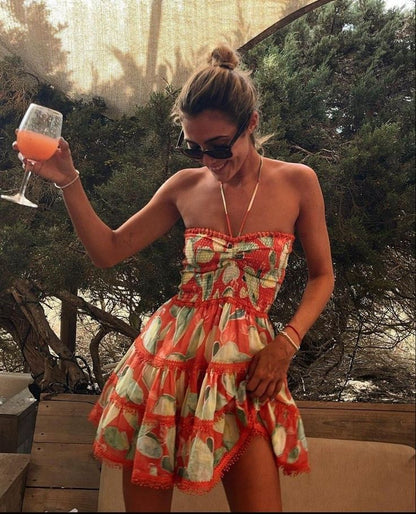 Vestido corto elegante de gasa con cuello halter y tirantes finos, corte en A, para fiesta de bienvenida y noche, GG1070