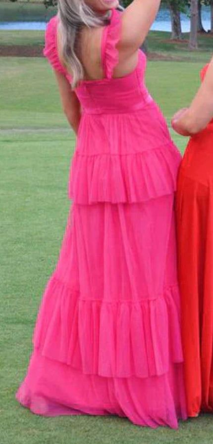 Vestido de fiesta largo de tul con capas en rosa intenso, corte en A, escote corazón, tirantes finos ondulados, vestido de noche GG1079