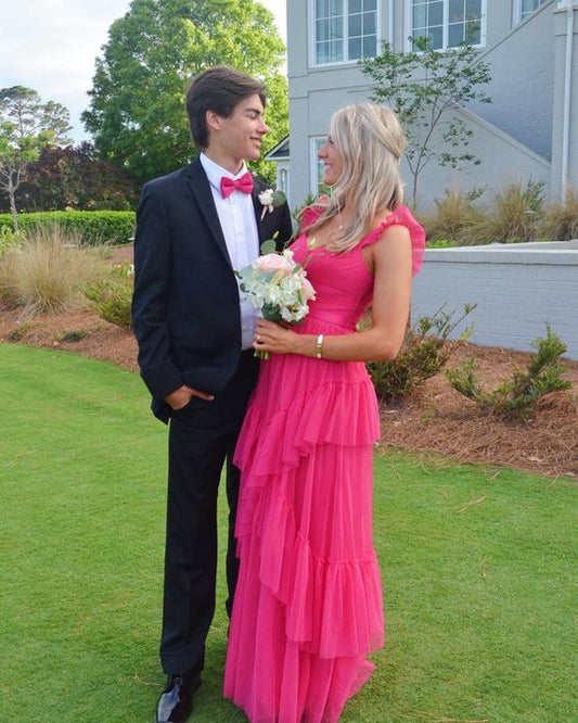 Vestido de fiesta largo de tul con capas en rosa intenso, corte en A, escote corazón, tirantes finos ondulados, vestido de noche GG1079