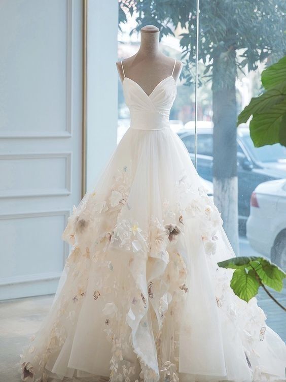 Hermoso vestido de fiesta largo de corte A con tirantes finos y apliques de tul blanco, vestido de novia o de noche GG1109