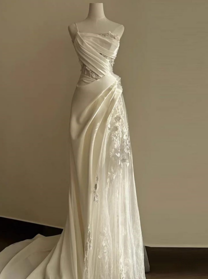 Vestido largo elegante de satén con un solo hombro y apliques de tul blanco, corte en A, para fiesta, boda o noche, GG1135