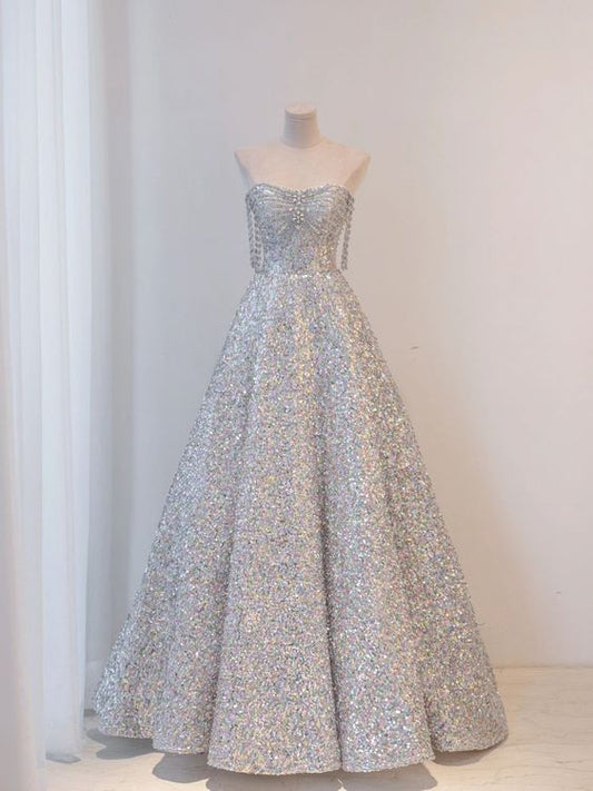 Nuevo vestido de fiesta largo con hombros descubiertos, lentejuelas y cuentas plateadas, brillante, corte A, vestido de noche GG114