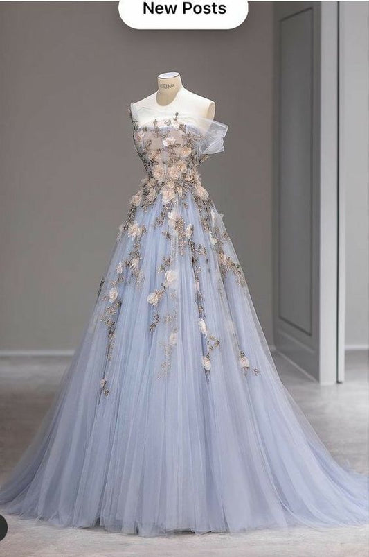 Nuevo y exquisito vestido de fiesta largo de tul con apliques y hombros descubiertos, vestido de noche GG116