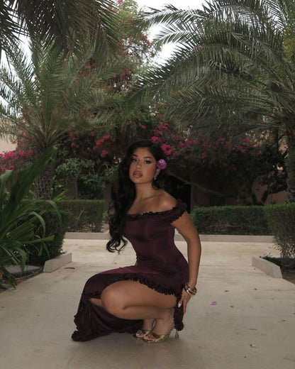 Vestido de fiesta largo de satén con abertura y hombros descubiertos, estilo sirena, sexy, vestido de noche GG1162