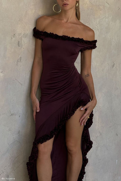 Vestido de fiesta largo de satén con abertura y hombros descubiertos, estilo sirena, sexy, vestido de noche GG1162