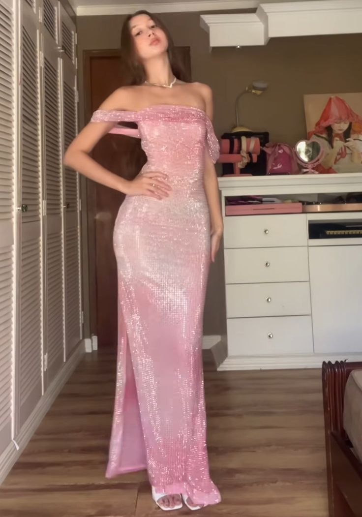 Vestido de fiesta largo con abertura y lentejuelas rosas, hombros descubiertos y corte sirena brillante, vestido de noche GG1168