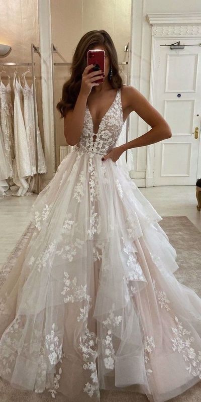 Elegante vestido de fiesta largo con escote en V y apliques de tul blanco, vestido de novia o de noche GG1178
