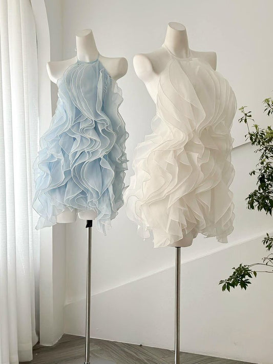 Vestido corto elegante de organza con tirantes halter y corte en A, para fiesta de bienvenida y noche GG1185