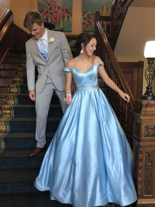 Elegante vestido de fiesta largo de satén azul pálido con hombros descubiertos, corte en A, vestido de noche GG1207