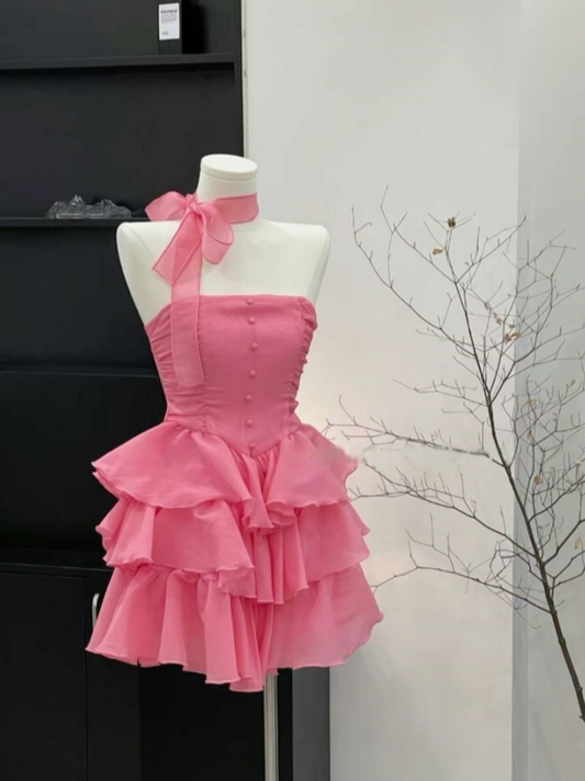 Vestido de fiesta corto de gasa rosa intenso, encantador, sin tirantes, con capas, corte A, para regreso a casa y noche, GG1225