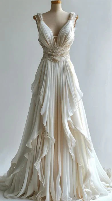 Light Ivory Delicate V-Neck Beaded A-Line Long Tulle Ball Gown, Evening Gown, Wedding Dress gh3499