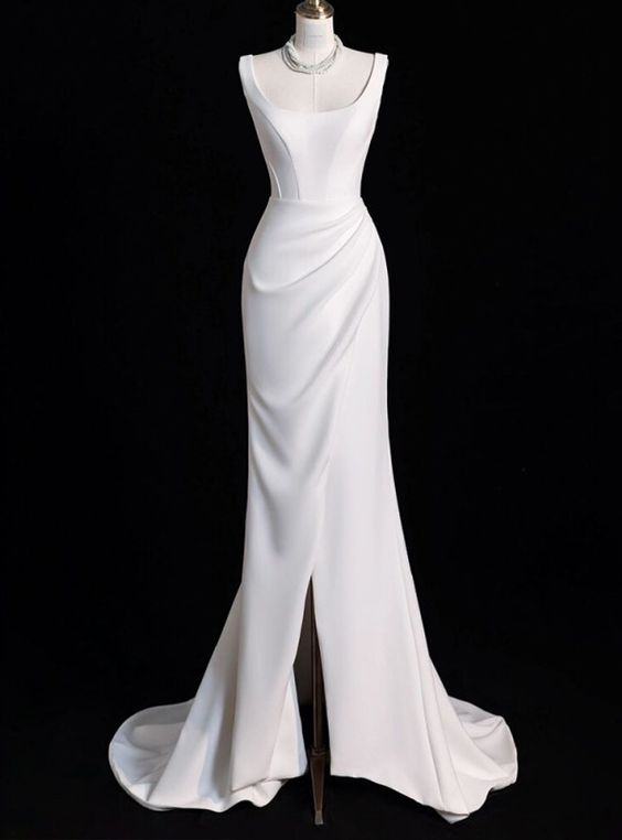 Elegante vestido de fiesta largo de satén blanco con pliegues y corte sirena, para novia y noche GG123