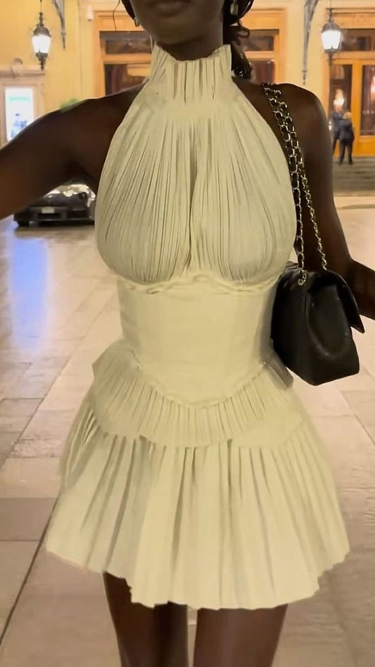 Vestido de fiesta corto elegante de gasa con cuello alto y corsé, corte A, para regreso a casa y noche GG1230