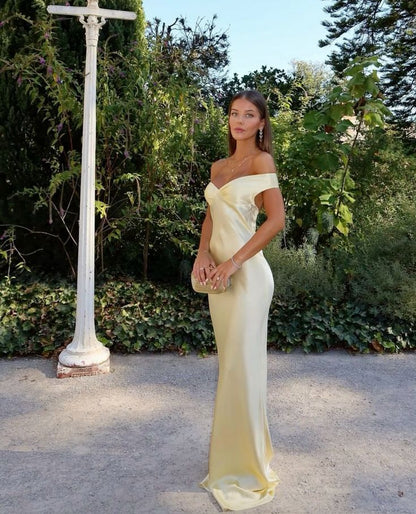 Vestido de fiesta largo de satén con hombros descubiertos y corte sirena, vestido de noche GG1231