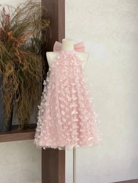 Vestido de fiesta corto de tul rosa con escote halter y lazo de mariposa en la espalda, corte A, para regreso a casa y noche, GG1282