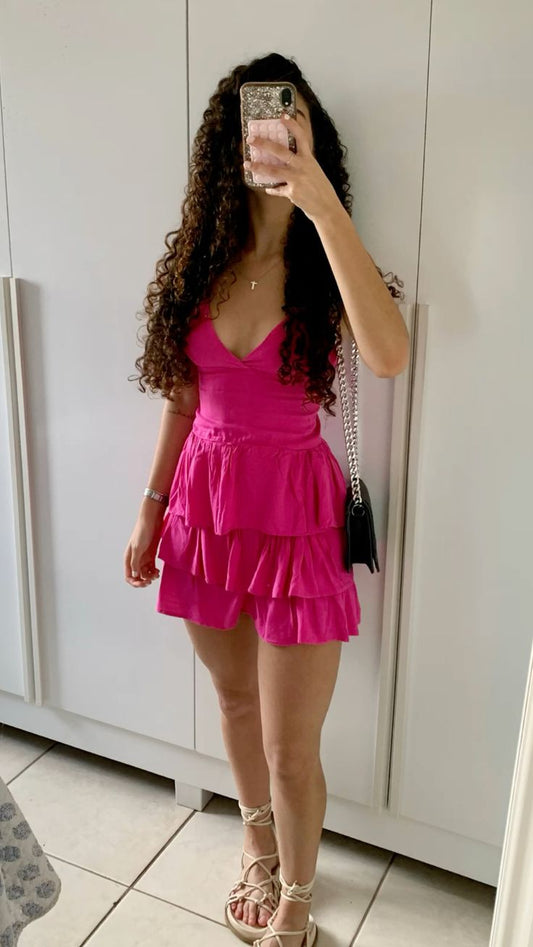 Vestido de fiesta corto de gasa rosa intenso con tirantes finos, corte A, para regreso a casa y noche, GG1300