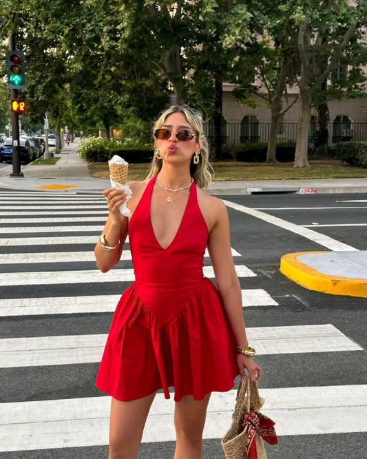 Vestido de fiesta corto de satén rojo con escote halter y corte en A, vestido de bienvenida y vestido de noche GG1302