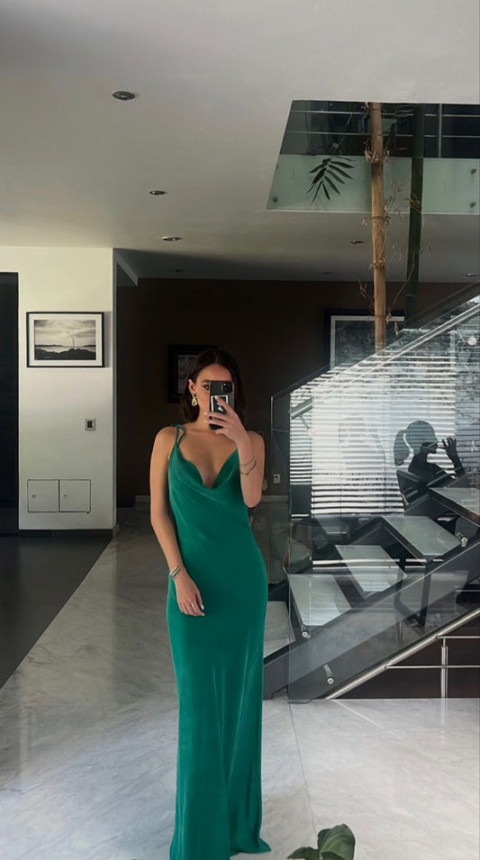 Vestido de fiesta largo de satén verde oscuro plisado con escote en V y tirantes finos de sirena, elegante, vestido de noche GG1318