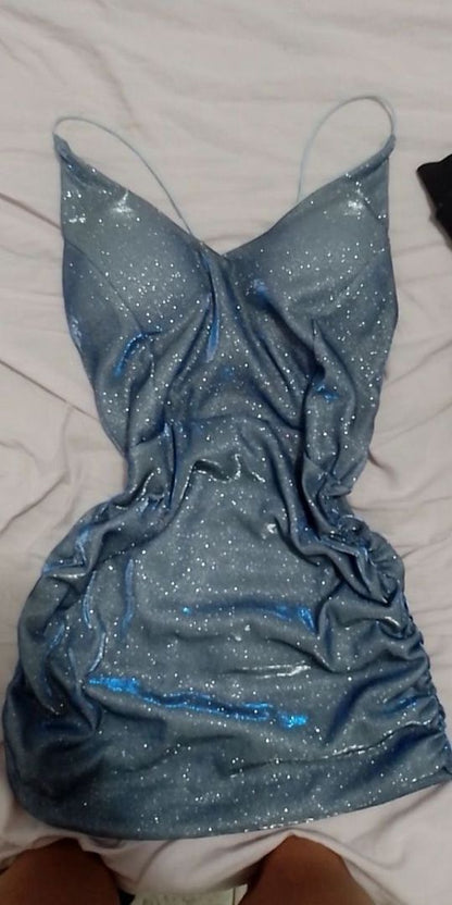 Vestido de fiesta corto de satén con lentejuelas y tirantes halter de sirena brillante, vestido de regreso a casa, vestido de noche GG1329