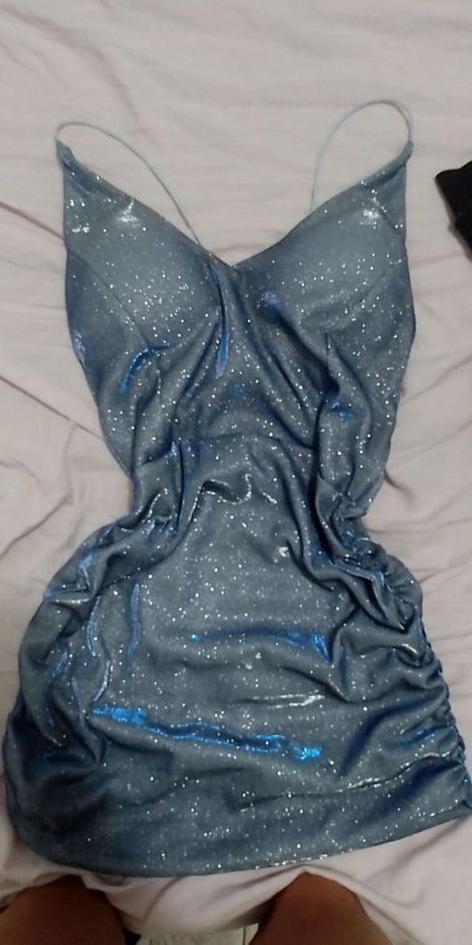 Vestido de fiesta corto de satén con lentejuelas y tirantes halter de sirena brillante, vestido de regreso a casa, vestido de noche GG1329