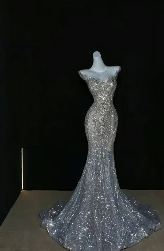 Vestido de fiesta largo de tul con lentejuelas y hombros descubiertos, estilo sirena brillante, vestido de noche GG1330