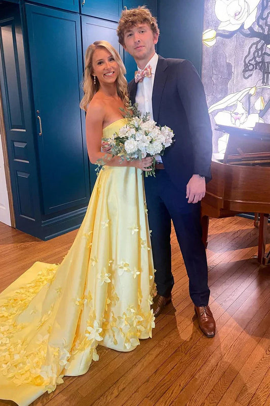 Vestido de fiesta largo de satén amarillo, elegante, sin tirantes, con apliques, corte A y corte en A, vestido de noche GG1334