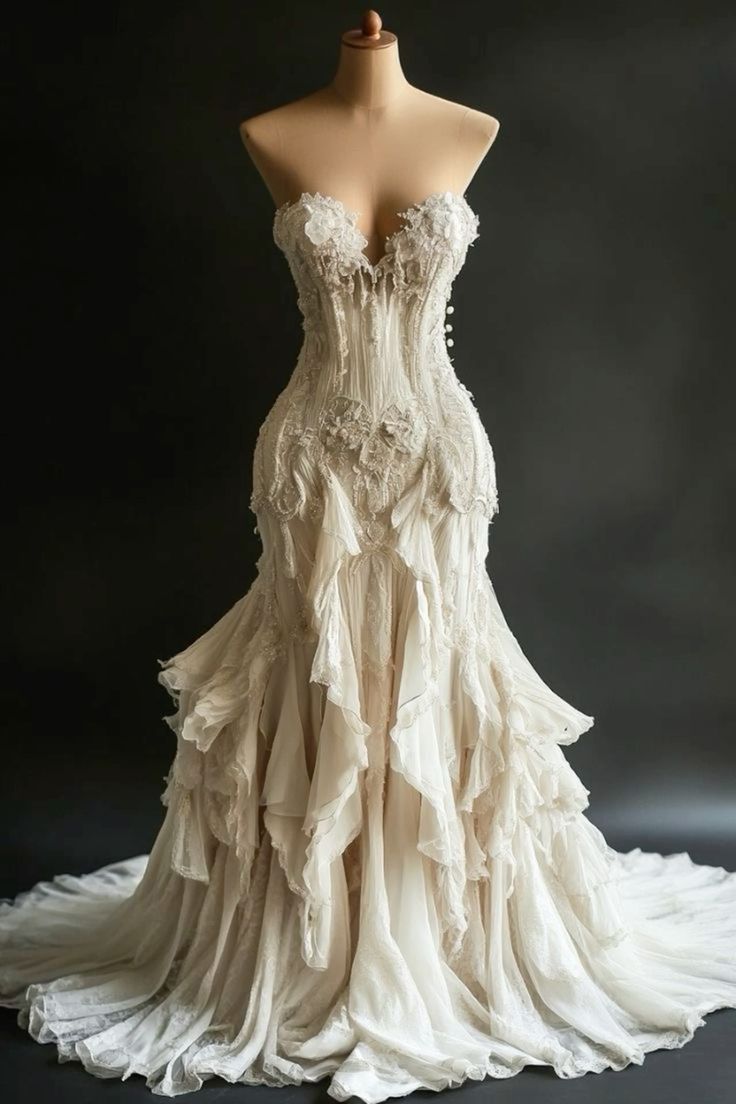 Vestido de fiesta largo de tul y gasa color marfil sin tirantes, estilo sirena vintage, para novia o noche, GG1350