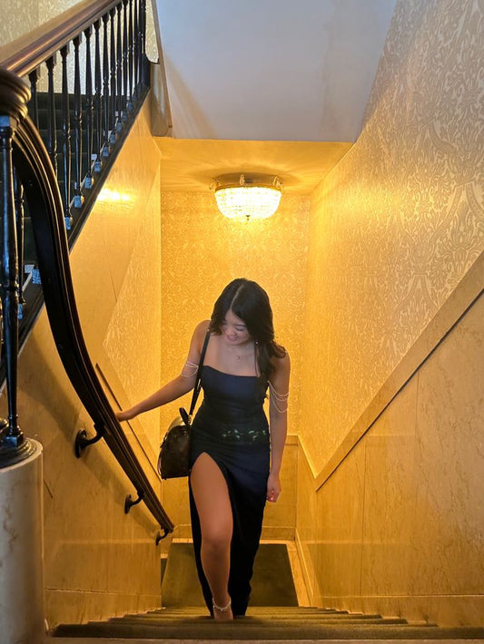 Vestido de fiesta largo de satén azul marino con abertura y cuentas, estilo sirena, elegante, con hombros descubiertos, GG1354