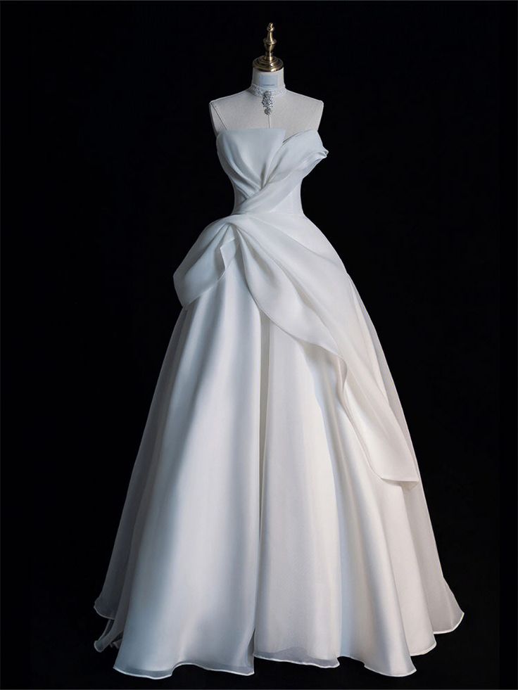 Elegante vestido de fiesta blanco de corte A, sin tirantes, plisado, largo, para novia y noche GG136