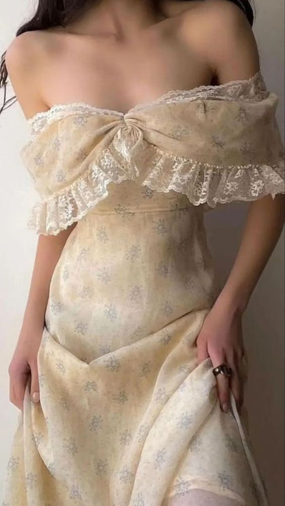 Vestido de fiesta largo de gasa con encaje, corte princesa, hombros descubiertos, estampado, vestido de noche GG1364