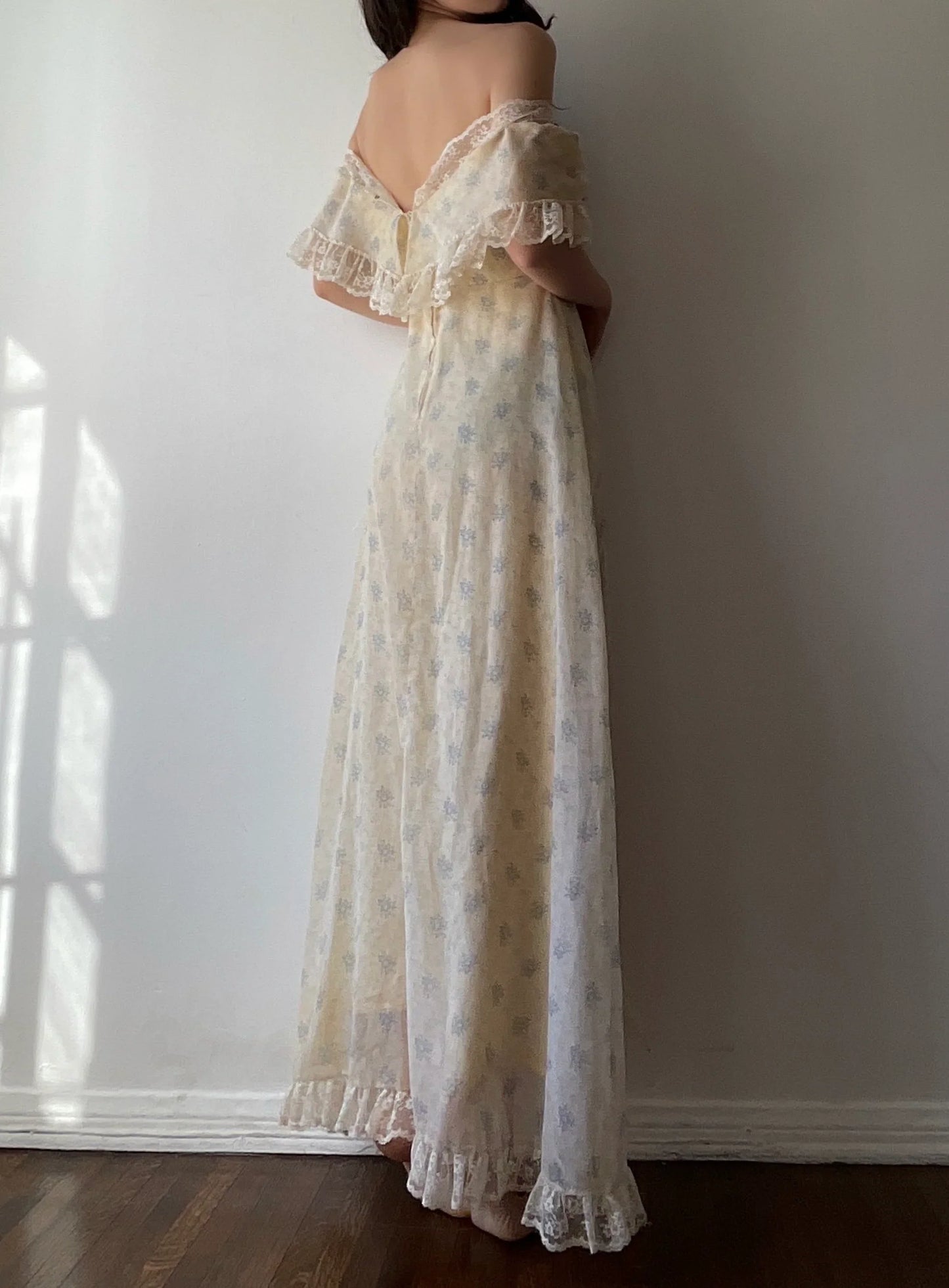 Vestido de fiesta largo de gasa con encaje, corte princesa, hombros descubiertos, estampado, vestido de noche GG1364