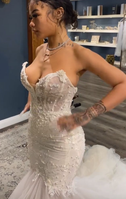 Hermoso vestido de fiesta largo de sirena con escote corazón en tul marfil claro con apliques de cuentas, vestido de novia y vestido de noche GG1393