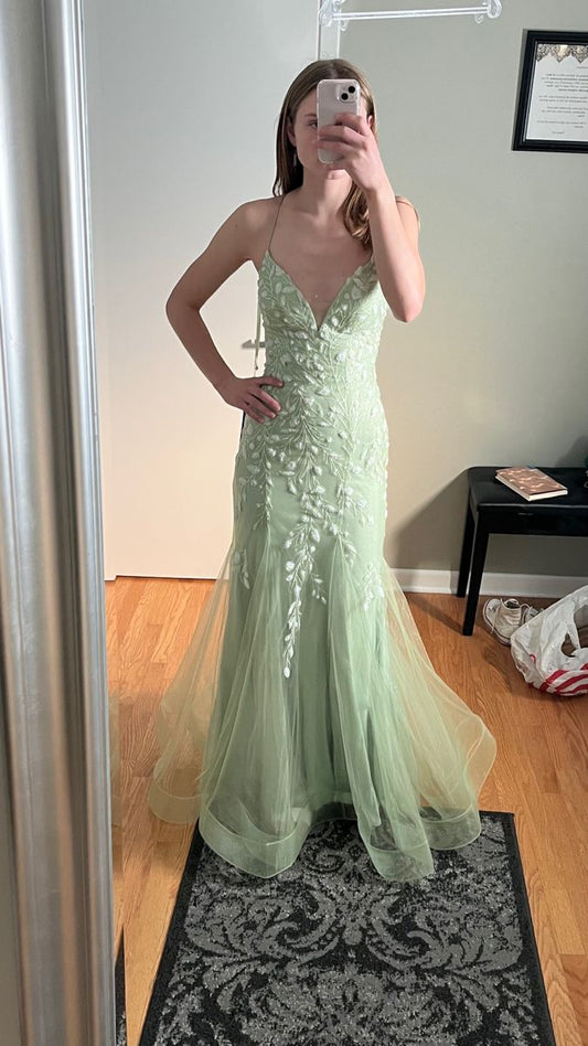Vestido de fiesta largo de sirena con tirantes finos y apliques de tul verde salvia, elegante, vestido de noche GG1425
