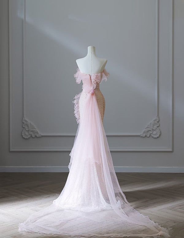 Elegante vestido de fiesta largo de sirena sin tirantes, de tul rosa con cuentas y flores, vestido de novia o de noche GG1427