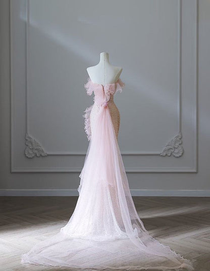 Elegante vestido de fiesta largo de sirena sin tirantes, de tul rosa con cuentas y flores, vestido de novia o de noche GG1427