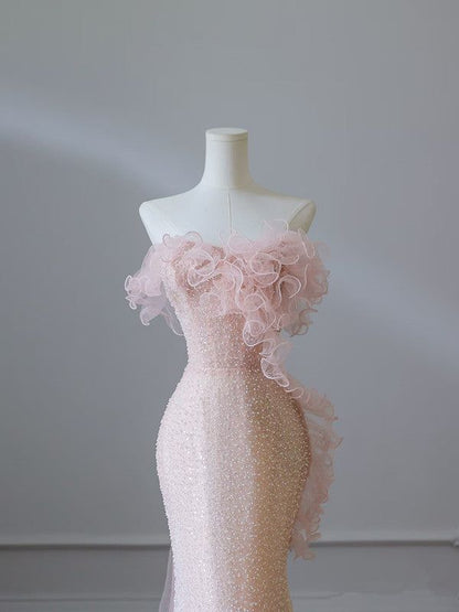 Elegante vestido de fiesta largo de sirena sin tirantes, de tul rosa con cuentas y flores, vestido de novia o de noche GG1427