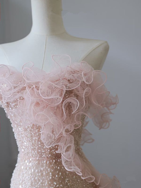 Elegante vestido de fiesta largo de sirena sin tirantes, de tul rosa con cuentas y flores, vestido de novia o de noche GG1427