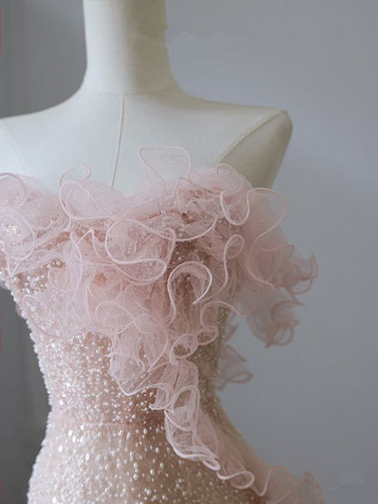 Elegante vestido de fiesta largo de sirena sin tirantes, de tul rosa con cuentas y flores, vestido de novia o de noche GG1427