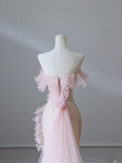 Elegante vestido de fiesta largo de sirena sin tirantes, de tul rosa con cuentas y flores, vestido de novia o de noche GG1427