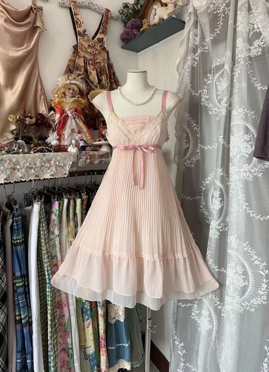 Vestido de fiesta corto de gasa rosa claro con tirantes finos, corte A, encaje, vestido de noche GG1434