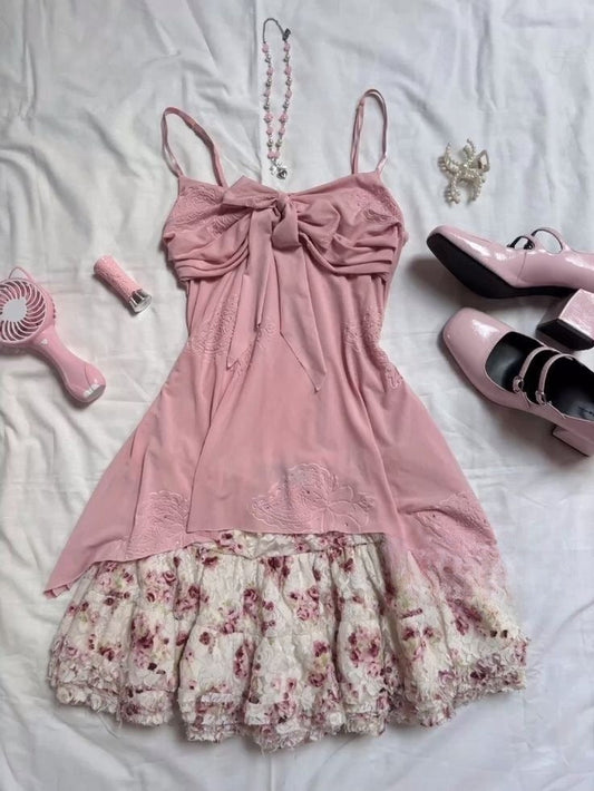 Hermoso vestido de fiesta corto de gasa con encaje, corte A y tirantes finos, color rosa empolvado, vestido de noche GG1435