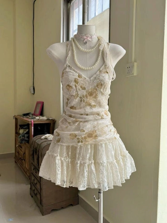 Precioso vestido de fiesta corto con tirantes finos, corte A, estampado de encaje color marfil claro, vestido de noche GG1436