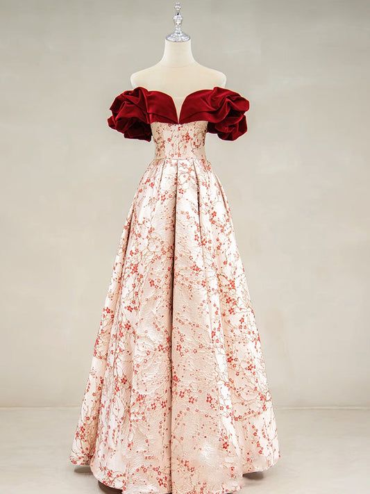 Elegante vestido de fiesta largo burdeos con apliques y hombros descubiertos, vestidos de noche GG144