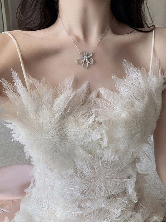 Vestido coreano corto de encaje blanco con tirantes finos, corte A, para fiesta de bienvenida y noche, GG1447