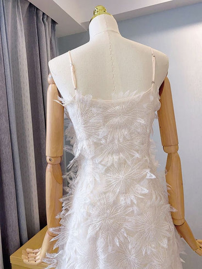 Vestido coreano corto de encaje blanco con tirantes finos, corte A, para fiesta de bienvenida y noche, GG1447