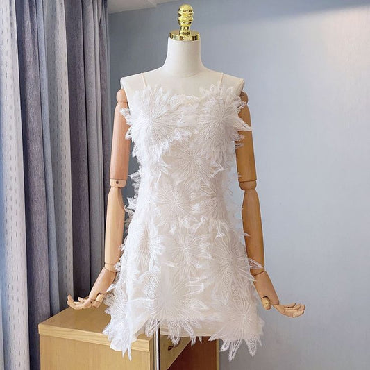 Vestido coreano corto de encaje blanco con tirantes finos, corte A, para fiesta de bienvenida y noche, GG1447