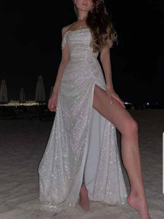 Vestido de fiesta largo de sirena con hombros descubiertos, satén blanco, lentejuelas y abertura, vestido de noche GG1448